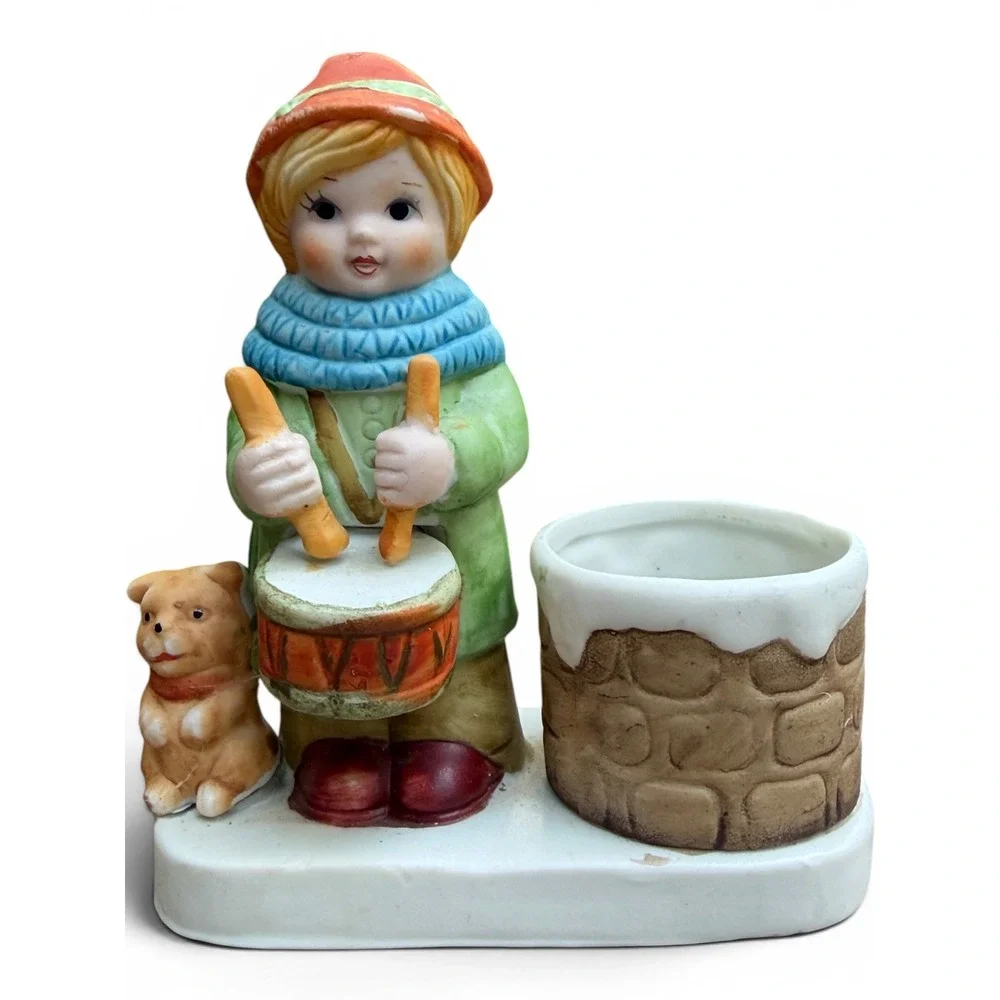 Vintage 1980s Drummer Boy Candle Holder Bisque Porcelain Christmas Votive Holder